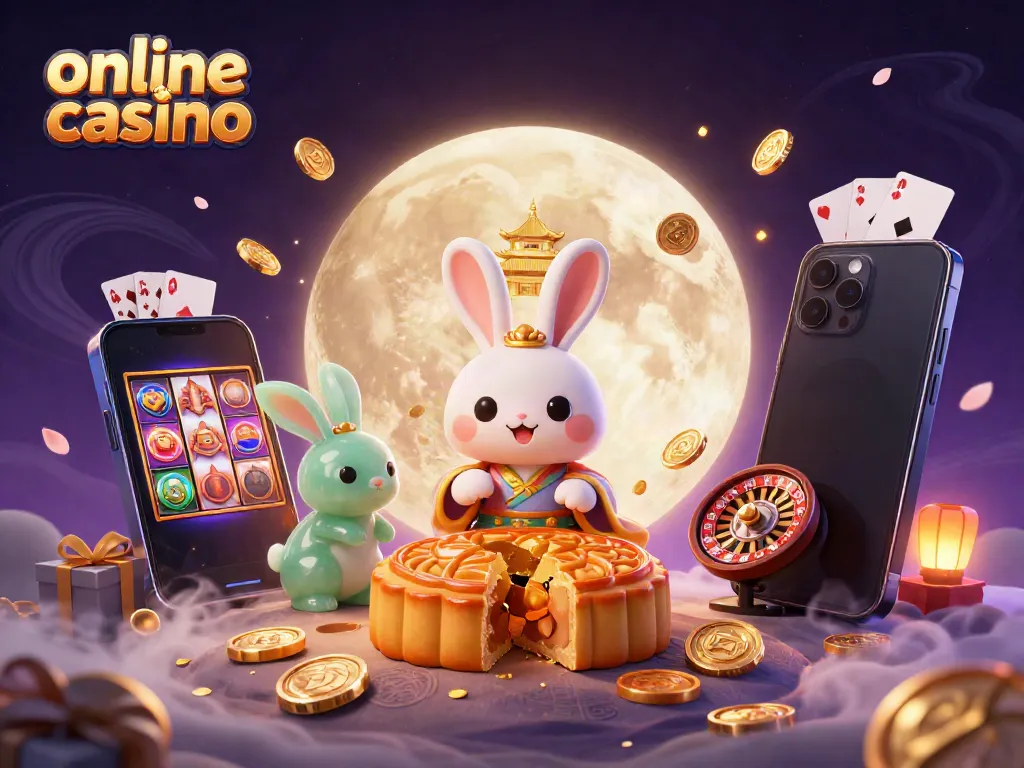 Engage with a lively online casino scene featuring a moon rabbit and animated gambling elements.