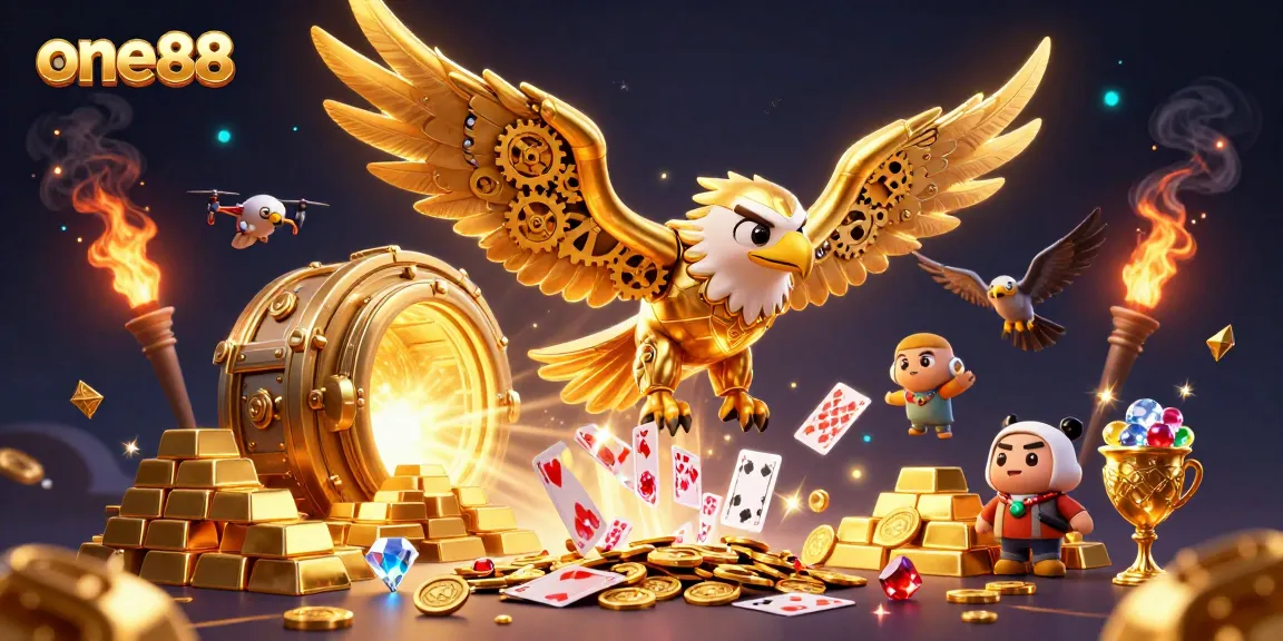Experience thrilling wins with one88 in this vibrant casino illustration filled with gold and excitement!