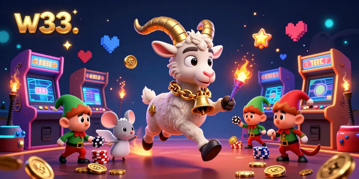 Experience festive gaming at w33 with Krampus and playful elves stealing chips amidst colorful arcade elements.