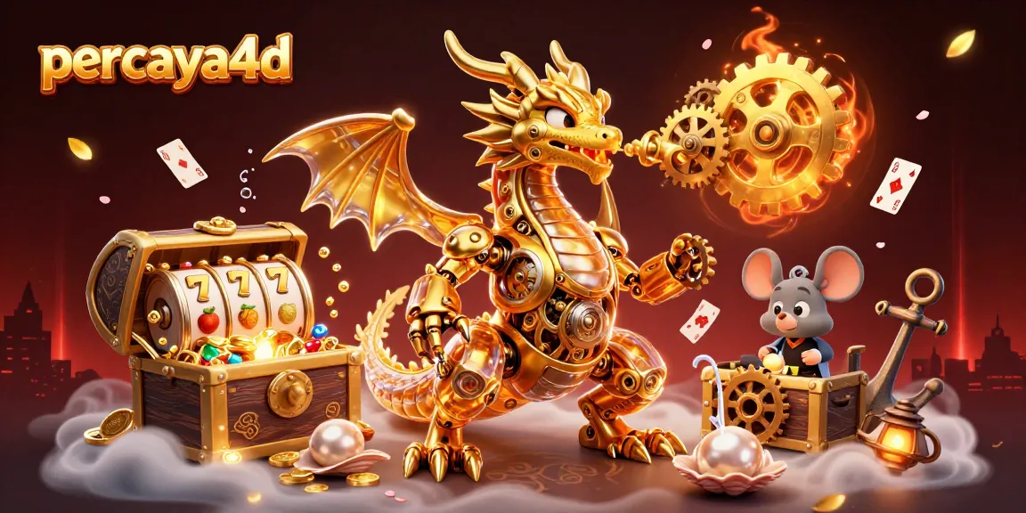 percaya4d menampilkan naga emas mekanis dalam slot gacor yang penuh dengan koin emas dan simbol buah