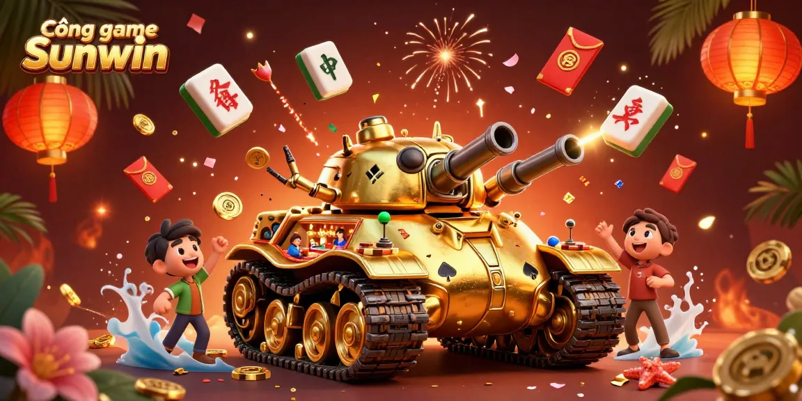 Cổng game Sunwin showcases a vibrant scene with a golden beetle tank revealing a mini casino, lively elements around it.