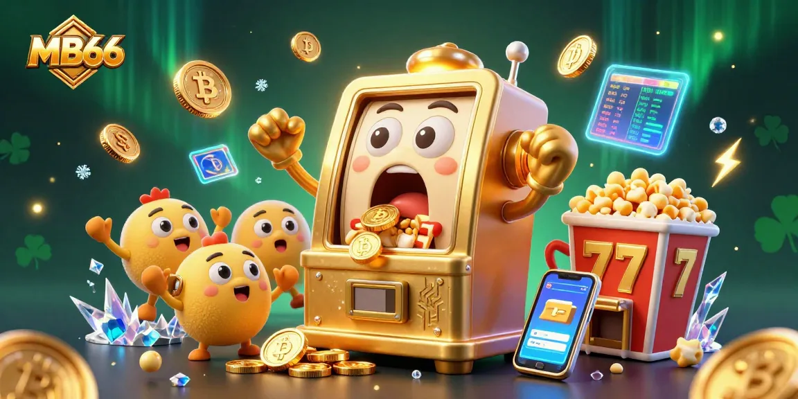Spin to win at MB66 as the golden slot machine hits the jackpot amidst cheering mini machines and vibrant bonuses.