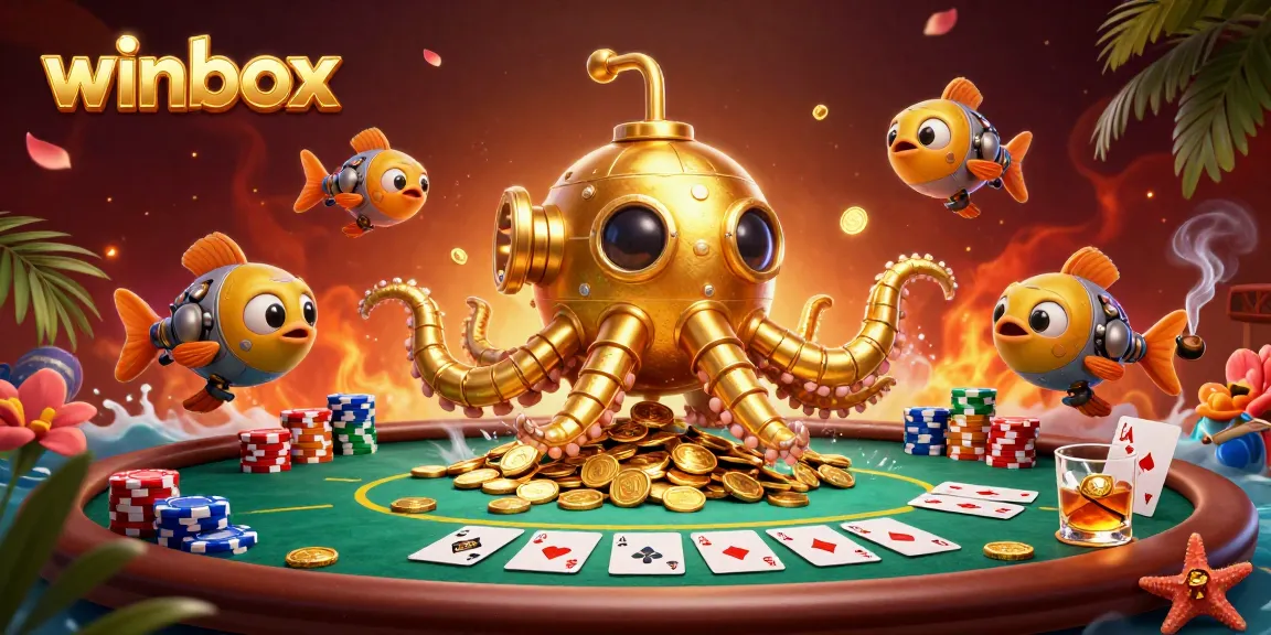 Winbox-themed illustration with a golden kraken submarine and poker elements creating an exciting casino atmosphere.