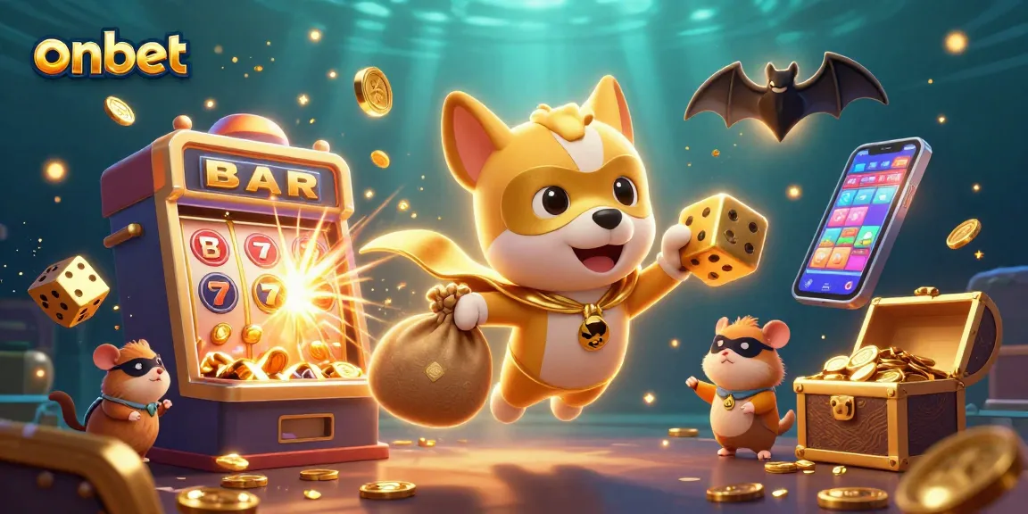 onbet superhero dog flies with coins in dynamic casino scene, showcasing thrills of online gambling