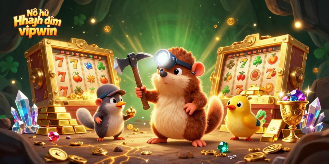 Nổ hũ hoàng kim vipwin showcases a treasure hunter mole and canary in a vibrant mining scene filled with slot machines.