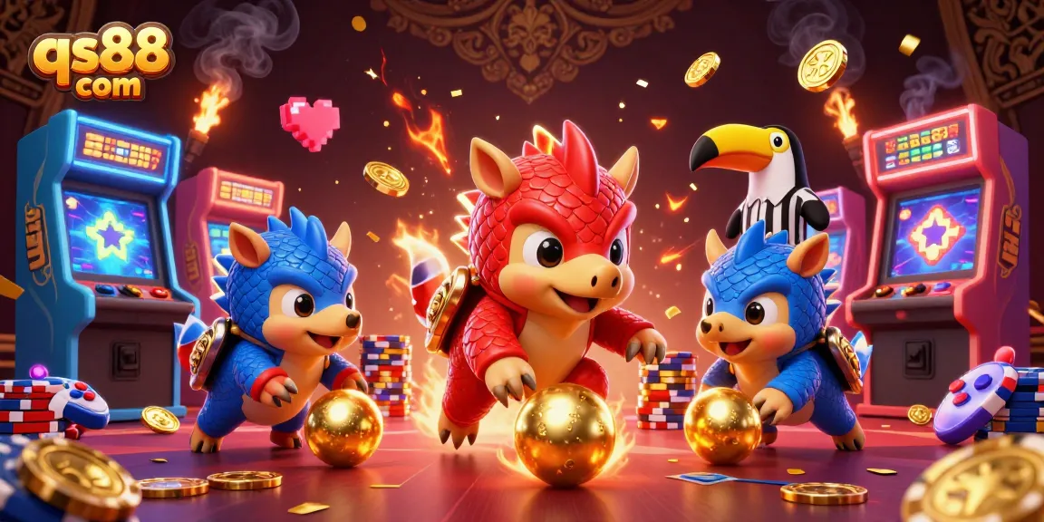 Engage with qs88 com in a vibrant casino battle featuring rival pangolins and colorful game elements.