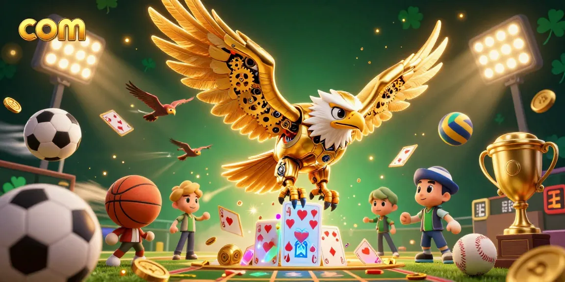 Bet big with com, featuring a dynamic 3D scene of a golden eagle amidst sports balls and winnings.