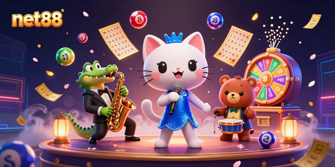 Experience the excitement of net88 with vibrant lottery balls and energetic casino characters.