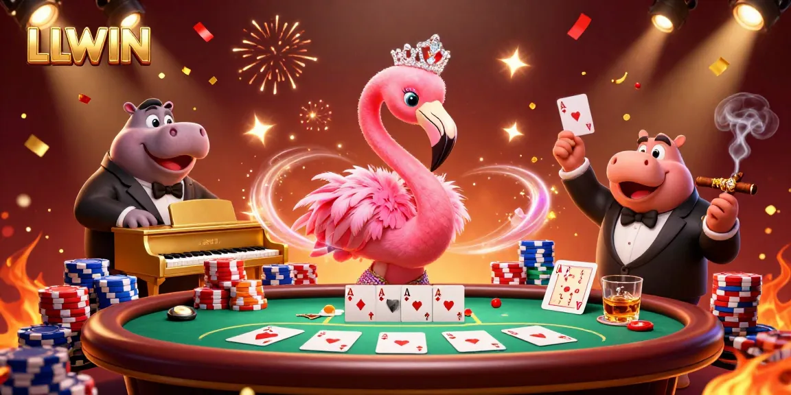 Engage with LLWIN's vibrant casino scene featuring a glamorous flamingo singer and hippo bassist.