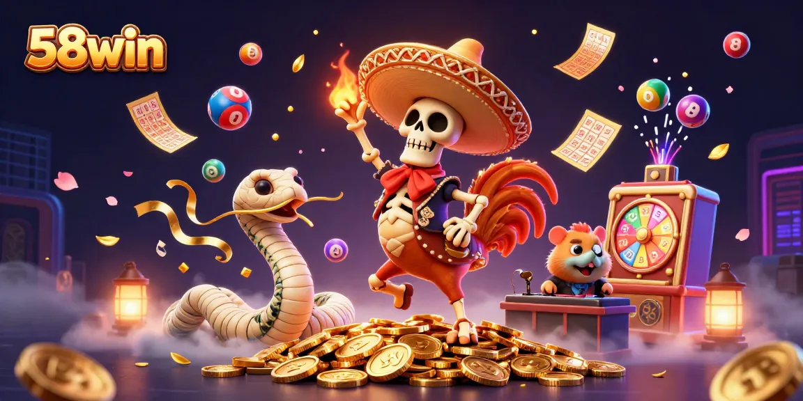 Engage with 58win featuring a lively mariachi rooster amidst vibrant casino elements.