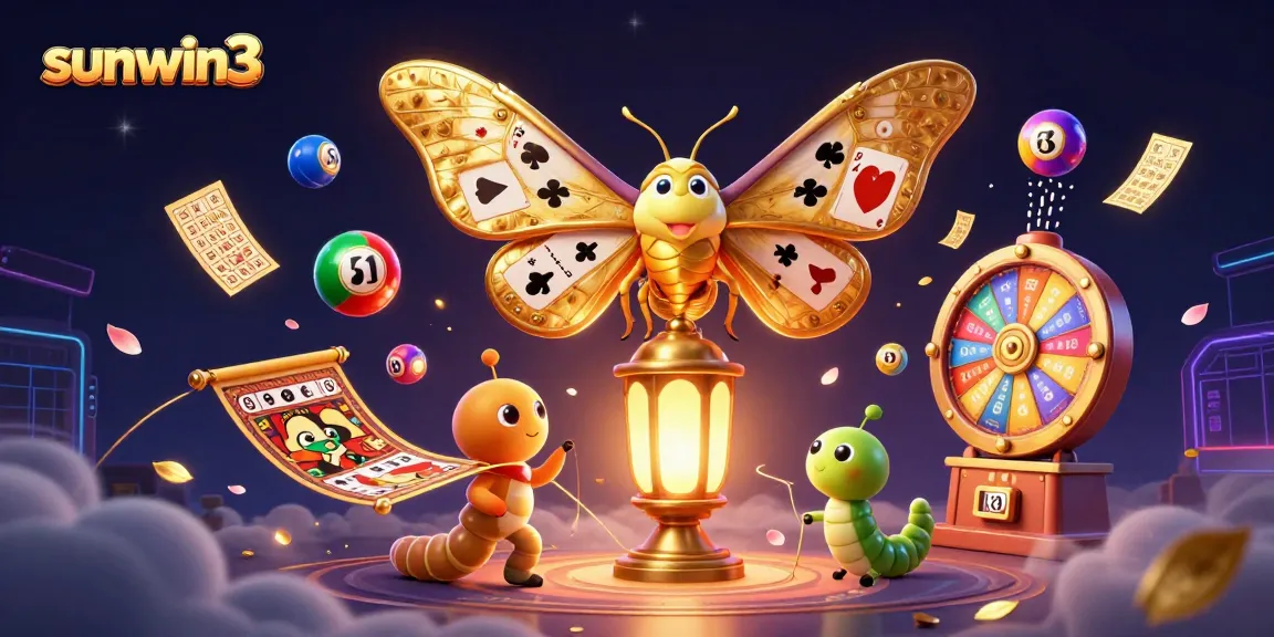 Spin the exciting world of sunwin3 with vibrant lottery balls and a dazzling casino moth!