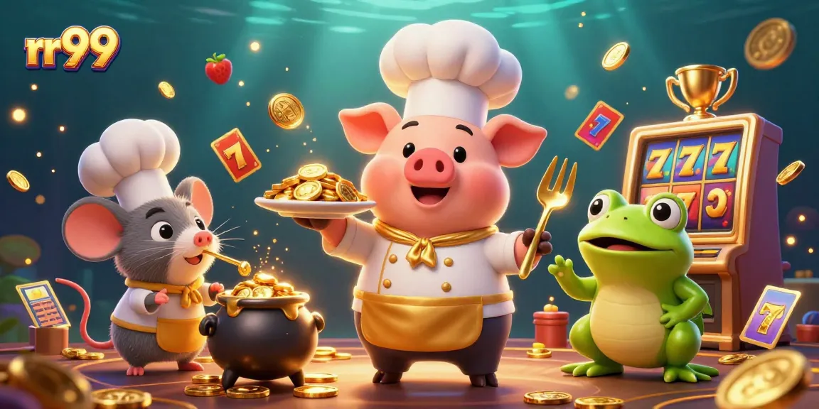 Experience rr99 excitement with our vibrant casino illustration, showcasing playful characters amid slot game elements.