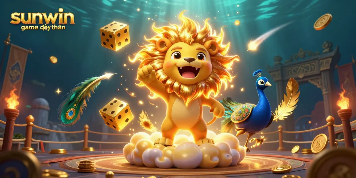 Play thrilling sunwin game đổi thưởng with a roaring sun lion and golden dice in a vibrant casino scene.