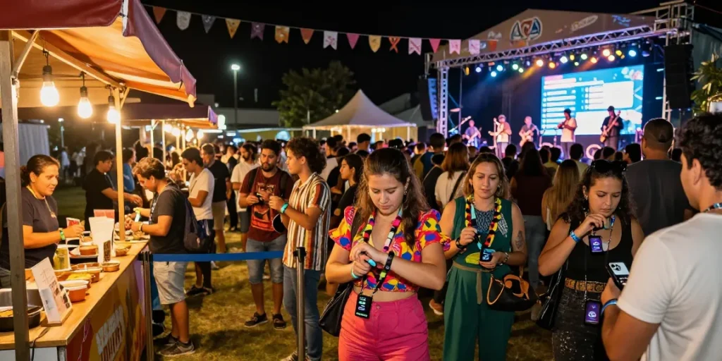 Effortlessly managing crowd access with pulseras NFC para festivales at vibrant festival.