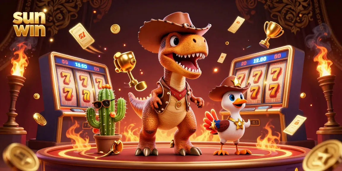 Join the excitement of sun win with thrilling slot reels and vibrant characters in a dynamic casino scene.