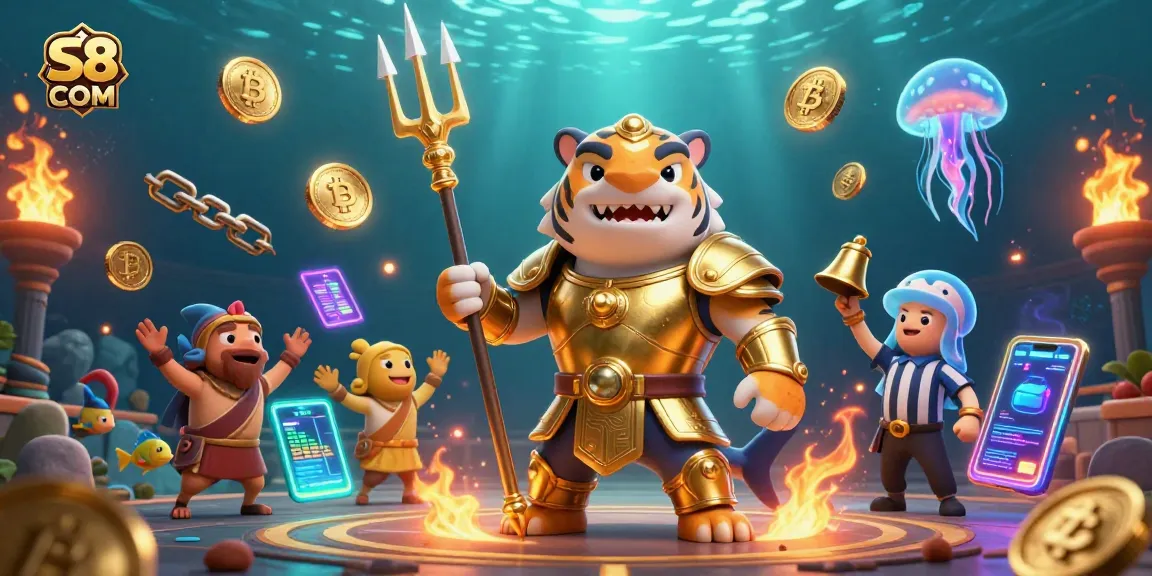 Engage in thrilling gameplay at S8 COM with an action-packed underwater casino scene featuring a golden shark and crypto elements.