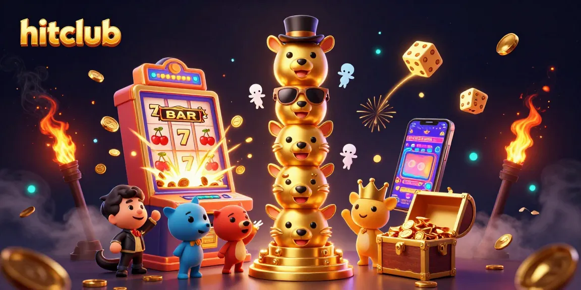 Hitclub offers an engaging scene with a golden totem pole and a jackpot explosion from a vibrant slot machine.