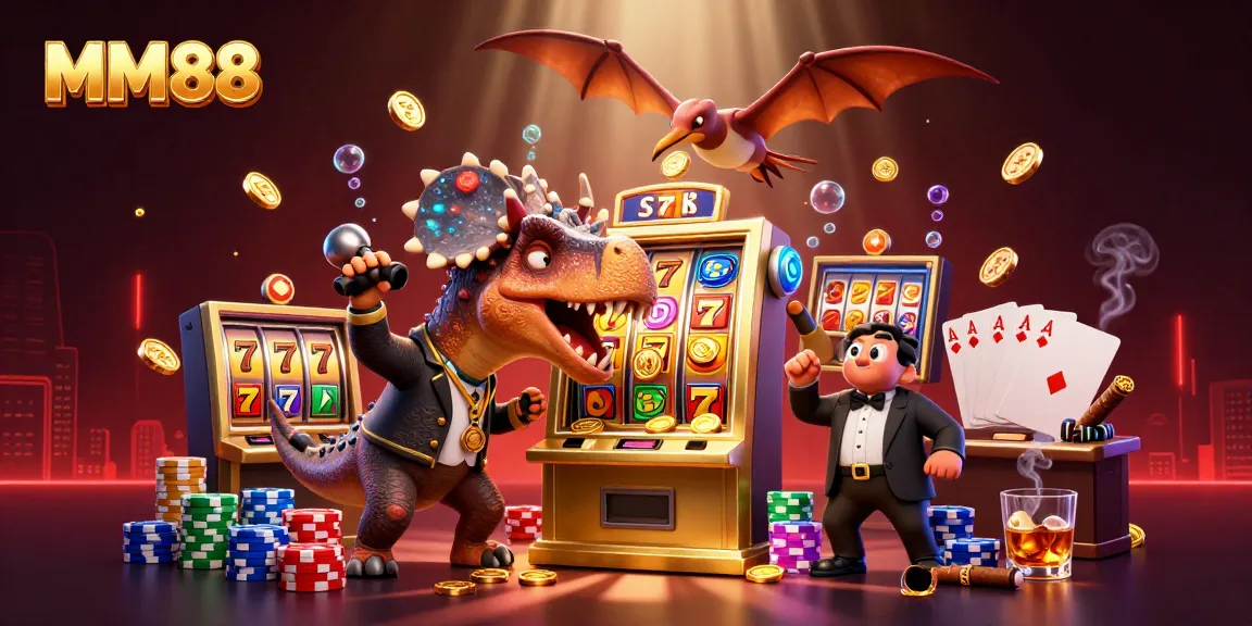 MM88 showcases a pachycephalosaurus triggering a jackpot while a panicked casino manager waves, highlighting online slots excitement.