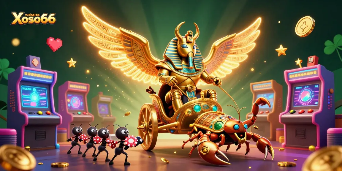 Spin to win big with website Xoso66 featuring a mythical golden scarab beetle and vibrant casino elements.